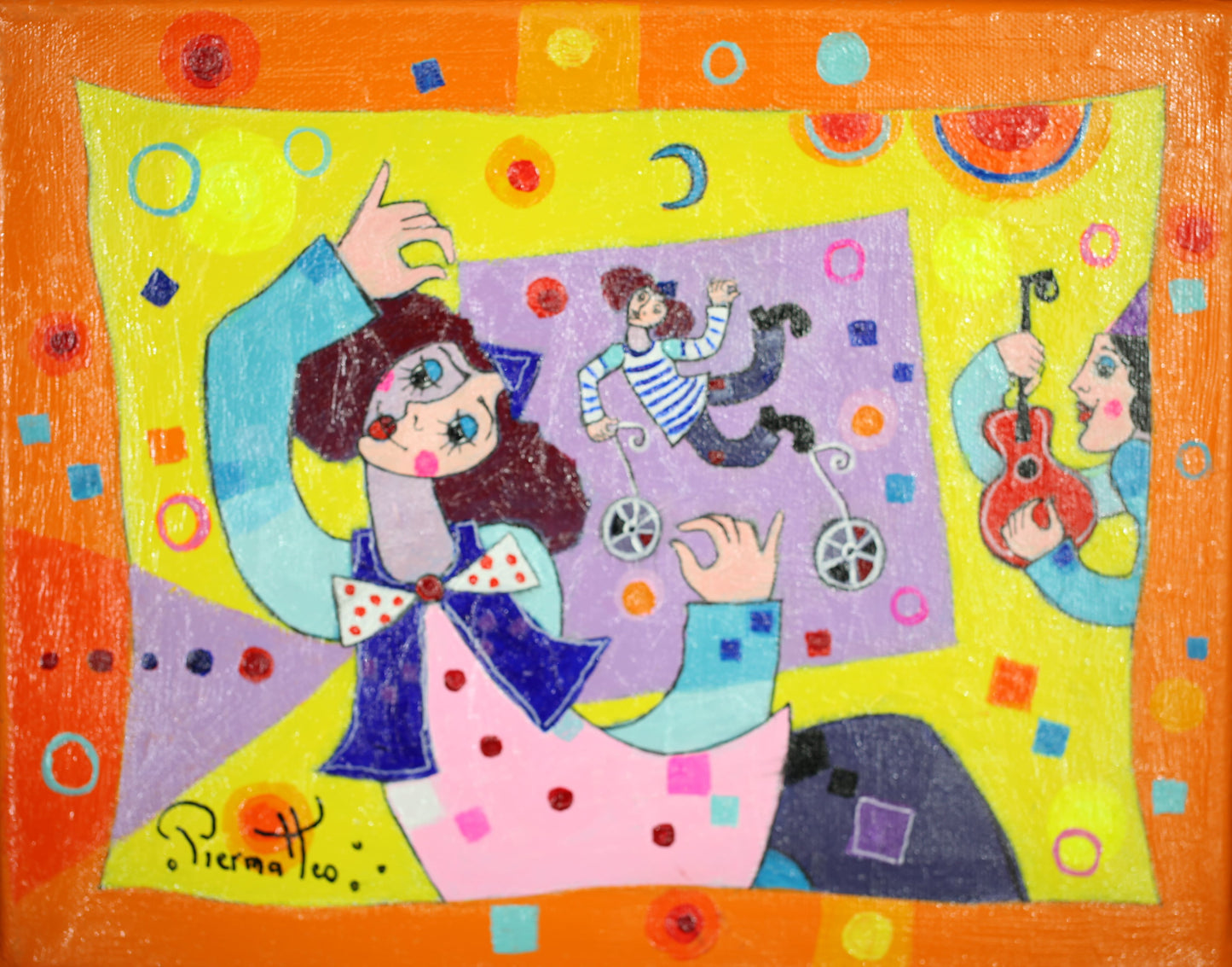 ジョゼ・ピエルマテオ 【村の祭り】油彩4号【額付】1963年 イタリアのテルモリ生まれ。1999年時代の証人画家展ブロンンズ賞。2000年 ライオンズクラブインターナショナル金賞等多数の賞を受賞。フランス、イギリス、アメリカで活躍している。日本でも百貨店等で展示されている。画家であると同時に色彩豊かな彫刻も人気が高い。  ピエルマテオはイギリスではhappy art(幸福なアート)の画家と呼ばれている。本人もその表現が気に入っているらしい。彼にとって描くという行為自体が創造の原動力だ。描きつつ、空想の世界を旅すると同時に自分自身の中の世界を発見する。その素晴らしい世界の感動を人々に伝える為に、彼は描いている。彼自身の言葉を引用しよう。<私が描いている時、心の振動が高まるのです。そして、元気が出て美しい物、幸福、喜び、愛といったポジティブな感情をキャンヴァスに表現できるのです。私はミュージシャンでもありますので、楽器を始め、音楽的な喜びを絵画的に表現する事もあります。