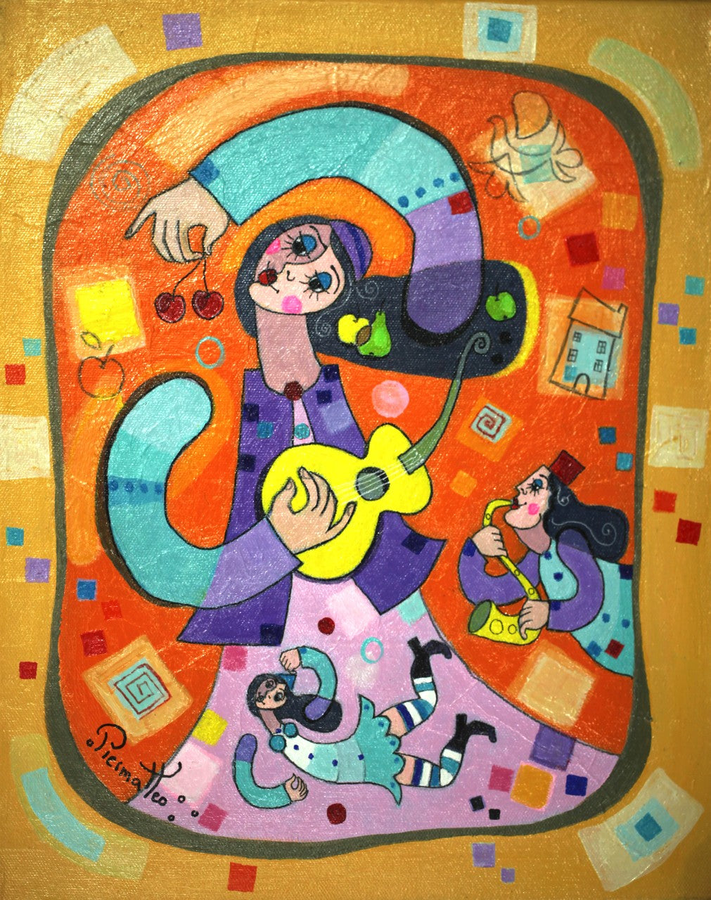 ジョゼ・ピエルマテオ 【楽しい音楽会】油彩6号【額付】 1963年 イタリアのテルモリ生まれ。1999年時代の証人画家展ブロンンズ賞。2000年 ライオンズクラブインターナショナル金賞等多数の賞を受賞。フランス、イギリス、アメリカで活躍している。日本でも百貨店等で展示されている。画家であると同時に色彩豊かな彫刻も人気が高い。  ピエルマテオはイギリスではhappy art(幸福なアート)の画家と呼ばれている。本人もその表現が気に入っているらしい。彼にとって描くという行為自体が創造の原動力だ。描きつつ、空想の世界を旅すると同時に自分自身の中の世界を発見する。その素晴らしい世界の感動を人々に伝える為に、彼は描いている。彼自身の言葉を引用しよう。<私が描いている時、心の振動が高まるのです。そして、元気が出て美しい物、幸福、喜び、愛といったポジティブな感情をキャンヴァスに表現できるのです。私はミュージシャンでもありますので、楽器を始め、音楽的な喜びを絵画的に表現する事もあります