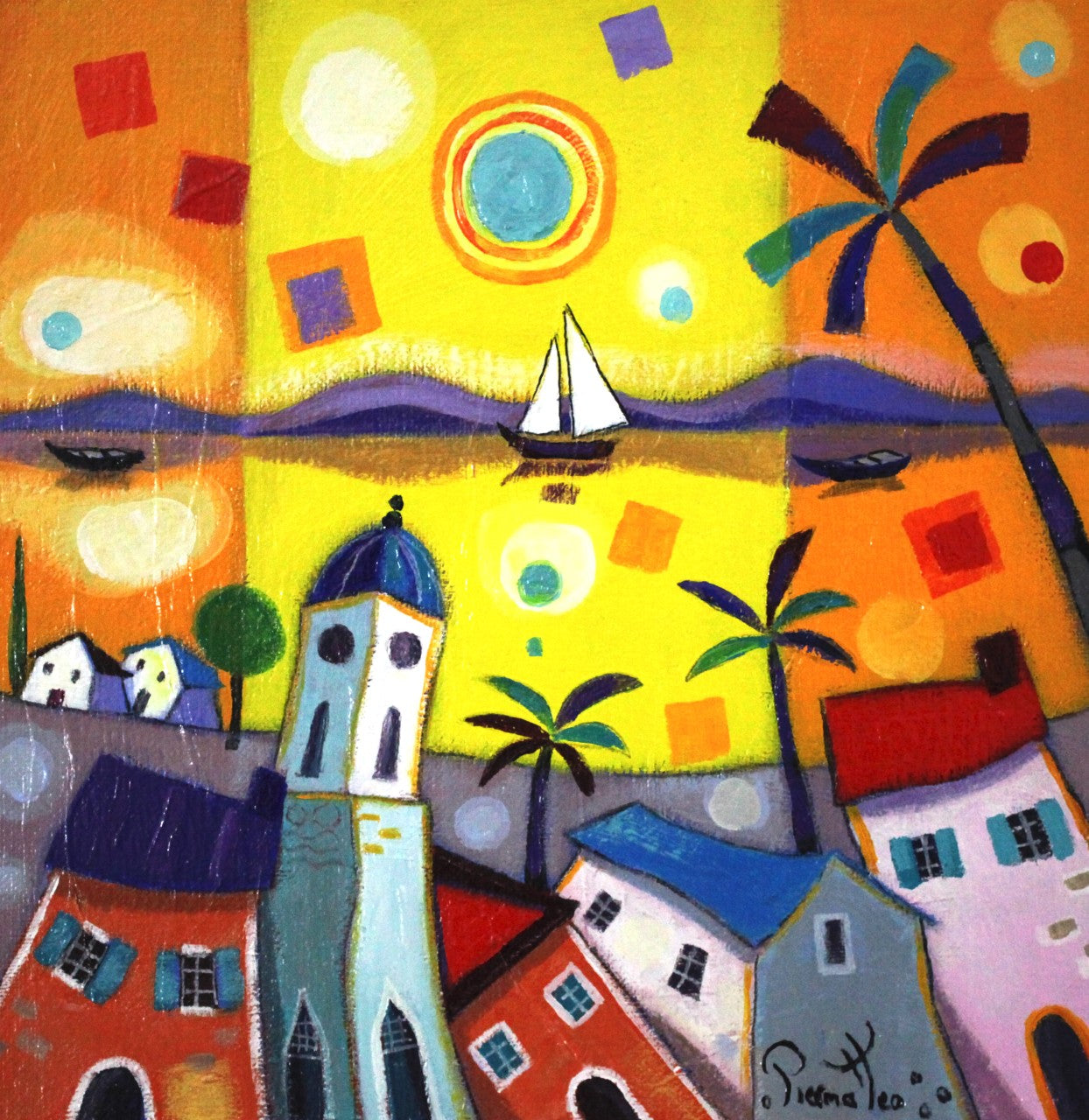 ジョゼ・ピエルマテオ 【サントロペ】油彩30x30cm【額付】  1963年 イタリアのテルモリ生まれ。1999年時代の証人画家展ブロンンズ賞。2000年 ライオンズクラブインターナショナル金賞等多数の賞を受賞。フランス、イギリス、アメリカで活躍している。日本でも百貨店等で展示されている。画家であると同時に色彩豊かな彫刻も人気が高い。  ピエルマテオはイギリスではhappy art(幸福なアート)の画家と呼ばれている。本人もその表現が気に入っているらしい。彼にとって描くという行為自体が創造の原動力だ。描きつつ、空想の世界を旅すると同時に自分自身の中の世界を発見する。その素晴らしい世界の感動を人々に伝える為に、彼は描いている。彼自身の言葉を引用しよう。<私が描いている時、心の振動が高まるのです。そして、元気が出て美しい物、幸福、喜び、愛といったポジティブな感情をキャンヴァスに表現できるのです。私はミュージシャンでもありますので、楽器を始め、音楽的な喜びを絵画的に表現する事もあります。