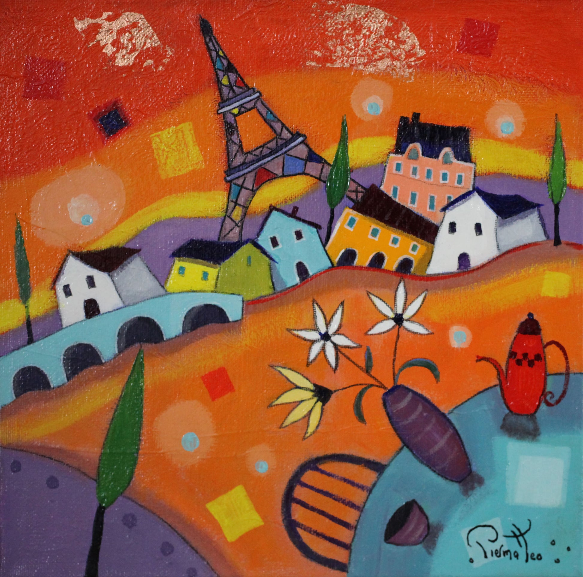 ジョゼ・ピエルマテオ 【パリの朝食】油彩30x30cm【額付】1963年 イタリアのテルモリ生まれ。1999年時代の証人画家展ブロンンズ賞。2000年 ライオンズクラブインターナショナル金賞等多数の賞を受賞。フランス、イギリス、アメリカで活躍している。日本でも百貨店等で展示されている。画家であると同時に色彩豊かな彫刻も人気が高い。  ピエルマテオはイギリスではhappy art(幸福なアート)の画家と呼ばれている。本人もその表現が気に入っているらしい。彼にとって描くという行為自体が創造の原動力だ。描きつつ、空想の世界を旅すると同時に自分自身の中の世界を発見する。その素晴らしい世界の感動を人々に伝える為に、彼は描いている。彼自身の言葉を引用しよう。<私が描いている時、心の振動が高まるのです。そして、元気が出て美しい物、幸福、喜び、愛といったポジティブな感情をキャンヴァスに表現できるのです。私はミュージシャンでもありますので、楽器を始め、音楽的な喜びを絵画的に表現する事もあります。