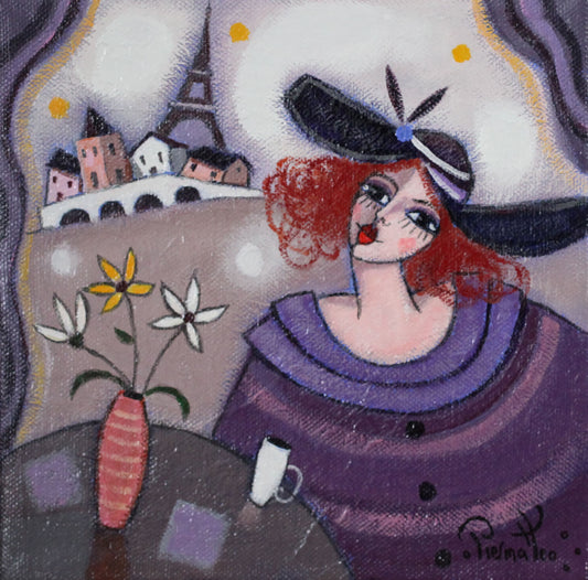 ジョゼ・ピエルマテオ 【パリジェンヌ】油彩20x20cm【額付】  1963年 イタリアのテルモリ生まれ。1999年時代の証人画家展ブロンンズ賞。2000年 ライオンズクラブインターナショナル金賞等多数の賞を受賞。フランス、イギリス、アメリカで活躍している。日本でも百貨店等で展示されている。画家であると同時に色彩豊かな彫刻も人気が高い。  ピエルマテオはイギリスではhappy art(幸福なアート)の画家と呼ばれている。本人もその表現が気に入っているらしい。彼にとって描くという行為自体が創造の原動力だ。描きつつ、空想の世界を旅すると同時に自分自身の中の世界を発見する。その素晴らしい世界の感動を人々に伝える為に、彼は描いている。彼自身の言葉を引用しよう。<私が描いている時、心の振動が高まるのです。そして、元気が出て美しい物、幸福、喜び、愛といったポジティブな感情をキャンヴァスに表現できるのです。私はミュージシャンでもありますので、楽器を始め、音楽的な喜びを絵画的に表現する事もあります。