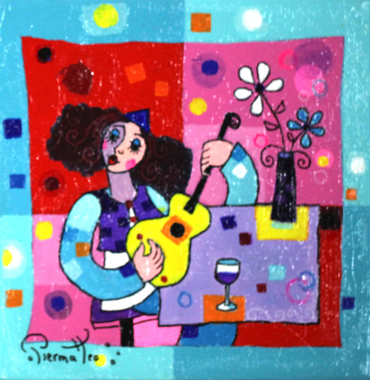 ジョゼ・ピエルマテオ 【黄色いギター】油彩20x20cm【額付】  1963年 イタリアのテルモリ生まれ。1999年時代の証人画家展ブロンンズ賞。2000年 ライオンズクラブインターナショナル金賞等多数の賞を受賞。フランス、イギリス、アメリカで活躍している。日本でも百貨店等で展示されている。画家であると同時に色彩豊かな彫刻も人気が高い。  ピエルマテオはイギリスではhappy art(幸福なアート)の画家と呼ばれている。本人もその表現が気に入っているらしい。彼にとって描くという行為自体が創造の原動力だ。描きつつ、空想の世界を旅すると同時に自分自身の中の世界を発見する。その素晴らしい世界の感動を人々に伝える為に、彼は描いている。彼自身の言葉を引用しよう。<私が描いている時、心の振動が高まるのです。そして、元気が出て美しい物、幸福、喜び、愛といったポジティブな感情をキャンヴァスに表現できるのです。私はミュージシャンでもありますので、楽器を始め、音楽的な喜びを絵画的に表現する事もあります