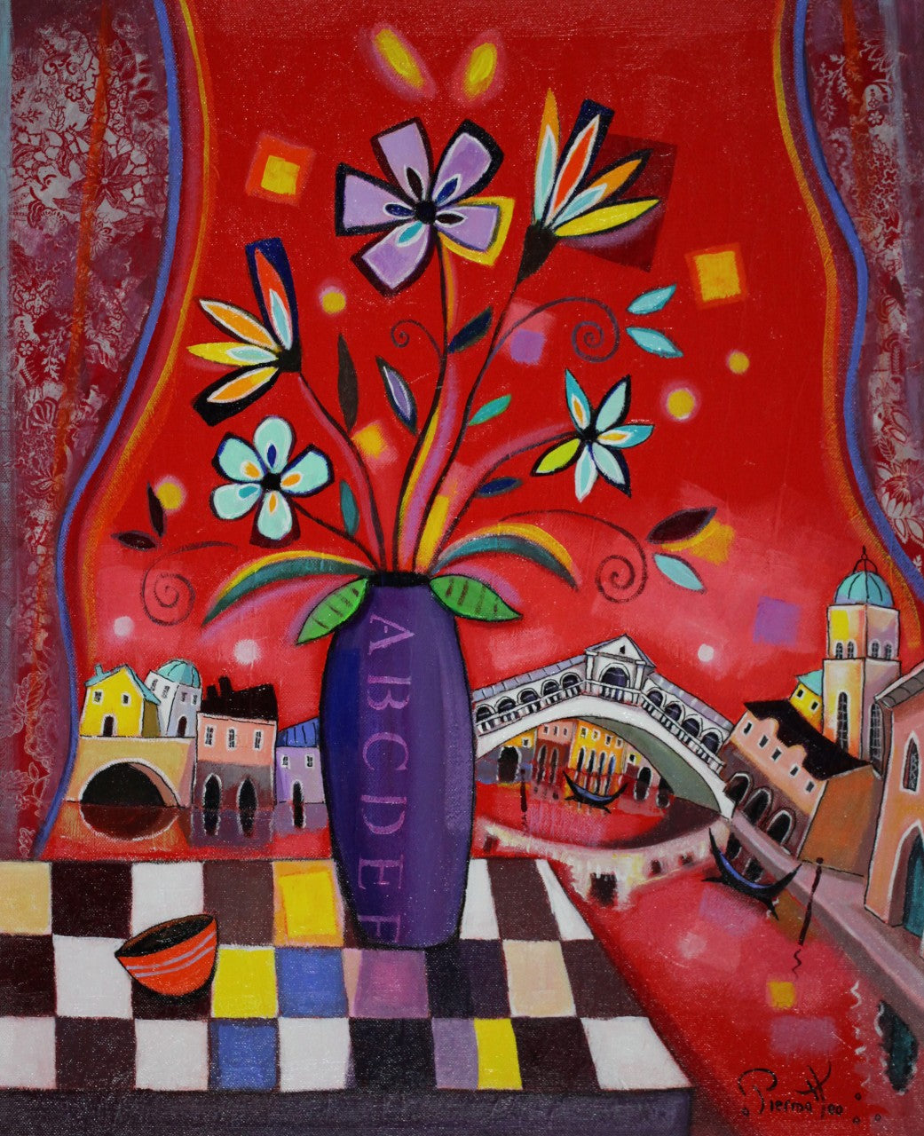 ジョゼ・ピエルマテオ 【ベニスのリアルト橋】油彩12号【額付】 1963年 イタリアのテルモリ生まれ。1999年時代の証人画家展ブロンンズ賞。2000年 ライオンズクラブインターナショナル金賞等多数の賞を受賞。フランス、イギリス、アメリカで活躍している。日本でも百貨店等で展示されている。画家であると同時に色彩豊かな彫刻も人気が高い。  ピエルマテオはイギリスではhappy art(幸福なアート)の画家と呼ばれている。本人もその表現が気に入っているらしい。彼にとって描くという行為自体が創造の原動力だ。描きつつ、空想の世界を旅すると同時に自分自身の中の世界を発見する。その素晴らしい世界の感動を人々に伝える為に、彼は描いている。彼自身の言葉を引用しよう。<私が描いている時、心の振動が高まるのです。そして、元気が出て美しい物、幸福、喜び、愛といったポジティブな感情をキャンヴァスに表現できるのです。私はミュージシャンでもありますので、楽器を始め、音楽的な喜びを絵画的に表現する事もあります。