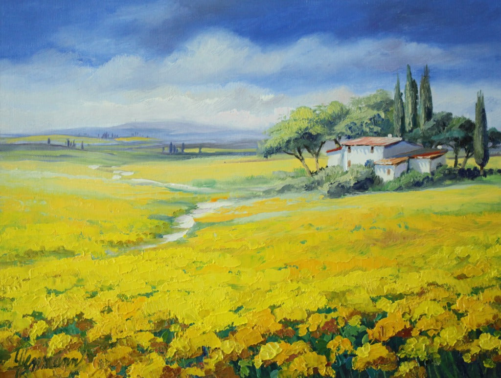 乌特·埃尔曼《穿过油菜花田的小路》油画 30 x 40 cm