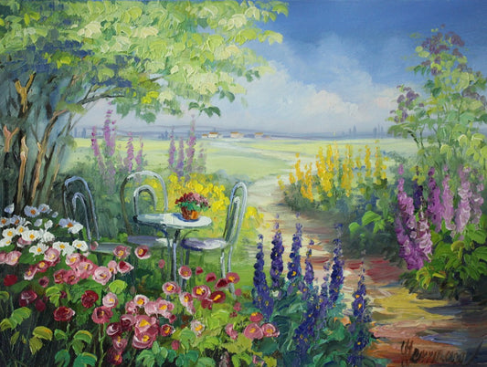 伍德·埃尔曼《花园餐桌》油画 30 x 40 厘米