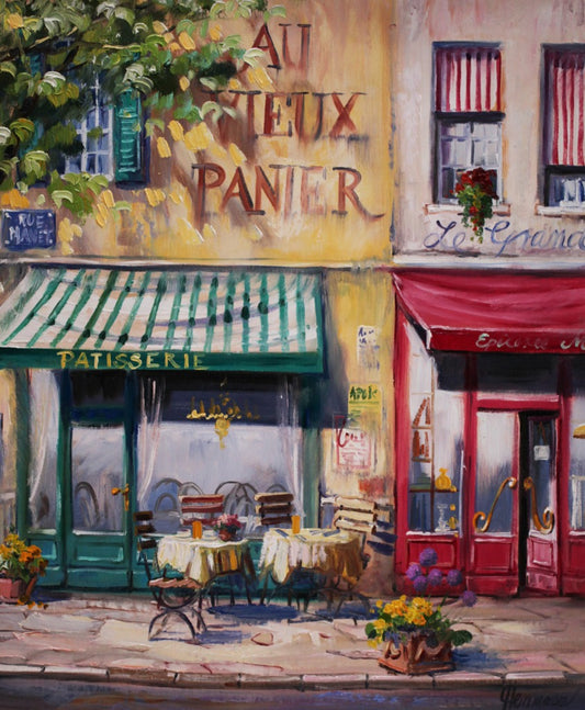 パリのどこにでもあるような、ケーキのお店を描いている。パン屋はブーランジュリーというが、パテイスリーでもパンは売っている場合が多い。飲み物も売っていて、お店の外のテーブルで外の風景を見ながらカフェを楽しむ事もできるようだ。左半分が緑、右半分が赤をメインにしている。2つの別々の絵画を見ているようだが、それによって静的な風景に動き与えている。あたかも、散歩中に見た風景のようだ。