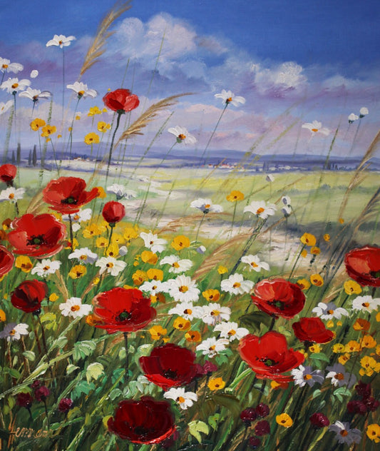 エルマンは南フランスやトスカーナに写生にでる。なだらかなトスカーナの平野の向こうに低い丘陵の稜線が薄っすらと見える。手前に繊細なポピーの赤い花とマーガレットの白いと黄色の花が緑の茎と一緒に描かれている。僅かな風と陽光の下で、自らの色彩を誇る花々が解放感に浸っている。原野の小道が丘陵の方に蛇行しながら伸びている。この様な、風景の中で明るい陽光の下に身を置く事ができれば、1年分のストレスが空に発散される事だろう。