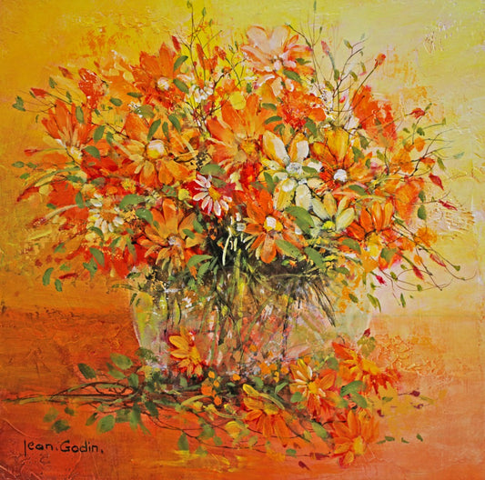 ジャン・ゴダン 【オレンジ色のブーケ】 油彩30x30㎝【額付】1943年フランスのアンジェ生まれ。アンジェ高等美術学校卒。エメ市美術館等多数の美術館自治体が作品を収蔵している。フランス芸術家協会賞当多数の受賞歴を持つ現代フランス画壇を代表する画家だ。ヨーロッパ、アメリカ、中近東でもゴダンの格調の高い絵画は愛されている。ゴダンは日常のヴィジョンを越えた繊細で詩的な世界を作る。彼の幻想的な世界では、妖精が飛び交い、彼の詩情が発散する。ゴダンはキュビスト達の幾何学的で厳格な構図とは遥か遠い所にいて、自然と調和しながら彼のファンタジーを優美に描く。ヨーロッパ各地の画廊、アメリカの画廊でも扱われている。日本でも三越、大丸、伊勢丹等の有名百貨店で取り扱われている。