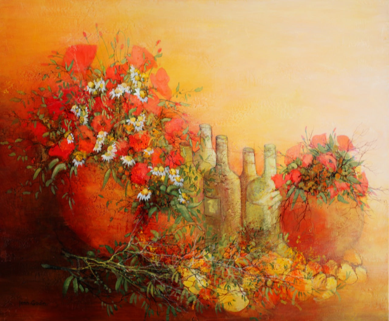 ジャン・ゴダン 【夏の静物画】 油彩15号【額付】ジャン・ゴダン は美術館や自治体が作品を収蔵し、多数の受賞歴を持つ現代フランス画壇を代表する画家だ。ヨーロッパ、アメリカ、中近東でもゴダンに格調の高い絵画は愛されている。ゴダンは日常のヴィジョンを越えた繊細で詩的な世界を作る。彼の幻想的な世界では、妖精が飛び交い、彼の詩情が発散する。ゴダンはキュビスト達の幾何学的で厳格な構図とは遥か遠い所にいて、自然と調和しながら彼のファンタジーを優美に描く。  1943年 フランス、ロワール河畔のアンジェ生まれ。国立アンジェ高等美術学校卒。フランス芸術家協会賞等多数受章 エメ市美術館等が作品を収蔵している。ヨーロッパ各地の画廊アメリカの画廊でも定期的展示会開催、日本でも2012年三越日本橋本店に展示され、その後有名百貨店で取り扱われている。