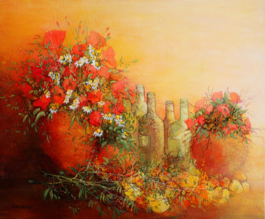 ジャン・ゴダン 【夏の静物画】 油彩15号【額付】ジャン・ゴダン は美術館や自治体が作品を収蔵し、多数の受賞歴を持つ現代フランス画壇を代表する画家だ。ヨーロッパ、アメリカ、中近東でもゴダンに格調の高い絵画は愛されている。ゴダンは日常のヴィジョンを越えた繊細で詩的な世界を作る。彼の幻想的な世界では、妖精が飛び交い、彼の詩情が発散する。ゴダンはキュビスト達の幾何学的で厳格な構図とは遥か遠い所にいて、自然と調和しながら彼のファンタジーを優美に描く。  1943年 フランス、ロワール河畔のアンジェ生まれ。国立アンジェ高等美術学校卒。フランス芸術家協会賞等多数受章 エメ市美術館等が作品を収蔵している。ヨーロッパ各地の画廊アメリカの画廊でも定期的展示会開催、日本でも2012年三越日本橋本店に展示され、その後有名百貨店で取り扱われている。