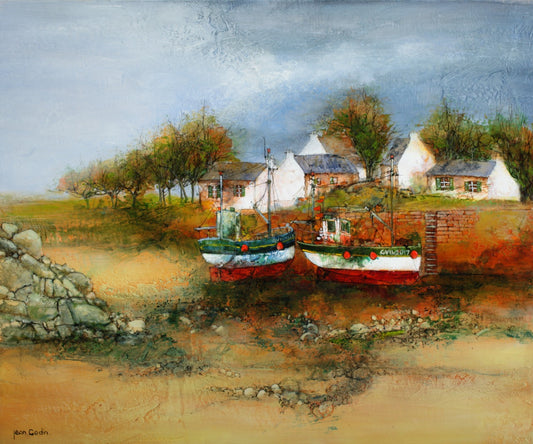 ジャン・ゴダン 【入り江】 油彩15号【額付】1943年フランスのアンジェ生まれ。アンジェ高等美術学校卒。エメ市美術館等多数の美術館自治体が作品を収蔵している。フランス芸術家協会賞当多数の受賞歴を持つ現代フランス画壇を代表する画家だ。ヨーロッパ、アメリカ、中近東でもゴダンの格調の高い絵画は愛されている。ゴダンは日常のヴィジョンを越えた繊細で詩的な世界を作る。彼の幻想的な世界では、妖精が飛び交い、彼の詩情が発散する。ゴダンはキュビスト達の幾何学的で厳格な構図とは遥か遠い所にいて、自然と調和しながら彼のファンタジーを優美に描く。ヨーロッパ各地の画廊、アメリカの画廊でも扱われている。日本でも三越、大丸、伊勢丹等の有名百貨店で取り扱われている。