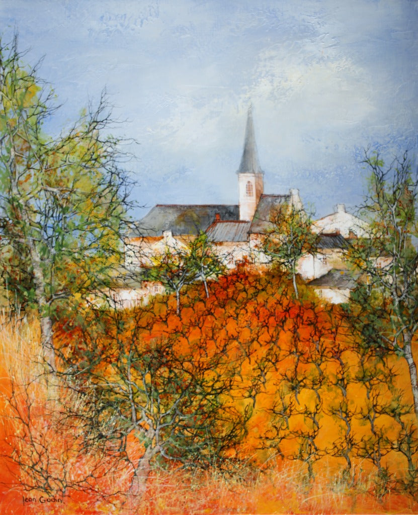 ジャン・ゴダン 【教会の葡萄畑】 油彩12号【額付】1943年フランスのアンジェ生まれ。アンジェ高等美術学校卒。エメ市美術館等多数の美術館自治体が作品を収蔵している。フランス芸術家協会賞当多数の受賞歴を持つ現代フランス画壇を代表する画家だ。ヨーロッパ、アメリカ、中近東でもゴダンの格調の高い絵画は愛されている。ゴダンは日常のヴィジョンを越えた繊細で詩的な世界を作る。彼の幻想的な世界では、妖精が飛び交い、彼の詩情が発散する。ゴダンはキュビスト達の幾何学的で厳格な構図とは遥か遠い所にいて、自然と調和しながら彼のファンタジーを優美に描く。ヨーロッパ各地の画廊、アメリカの画廊でも扱われている。日本でも三越、大丸、伊勢丹等の有名百貨店で取り扱われている。