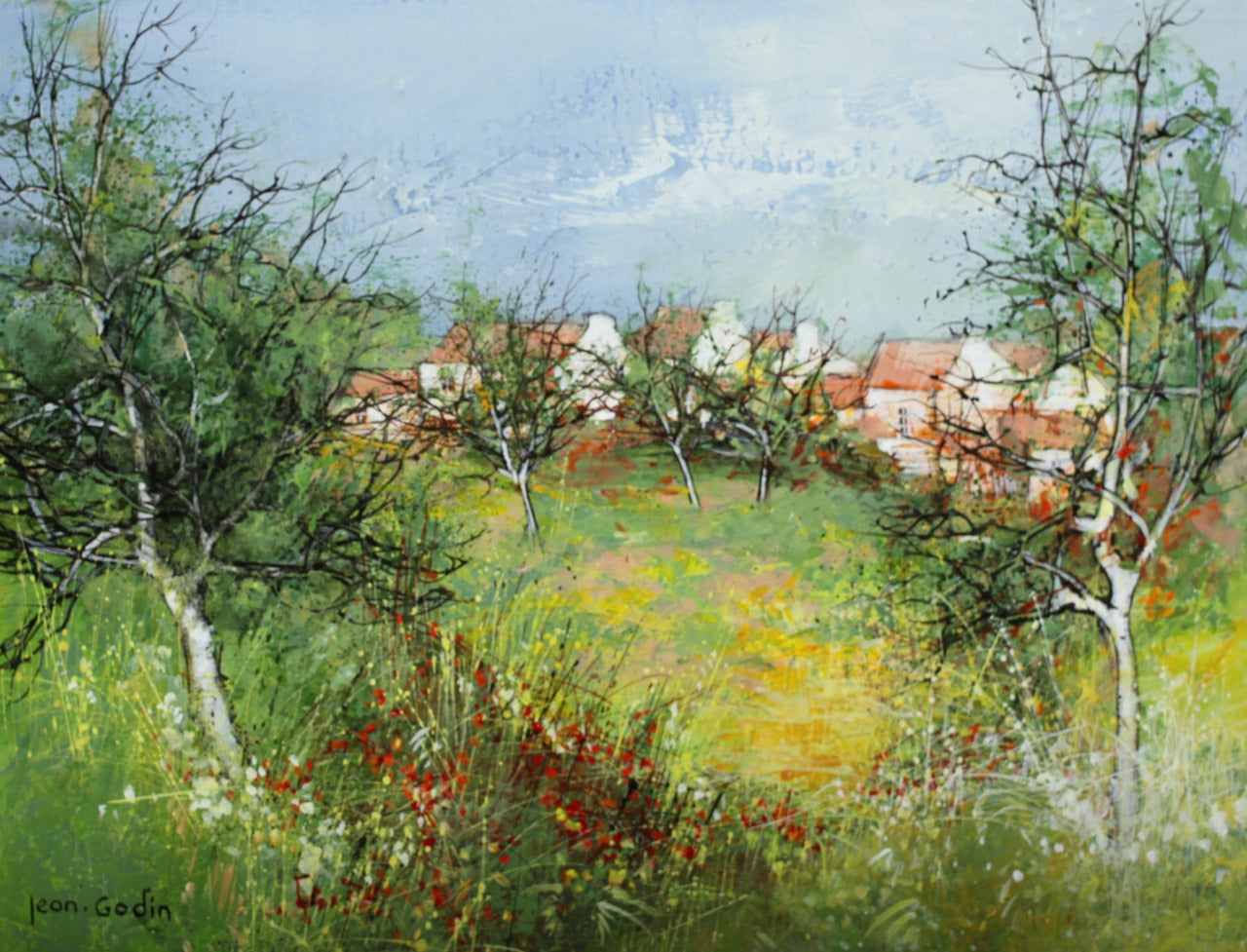 ジャン・ゴダン 【ヴェンデンの夏】 油彩5号【額付】1943年フランスのアンジェ生まれ。アンジェ高等美術学校卒。エメ市美術館等多数の美術館自治体が作品を収蔵している。フランス芸術家協会賞当多数の受賞歴を持つ現代フランス画壇を代表する画家だ。ヨーロッパ、アメリカ、中近東でもゴダンの格調の高い絵画は愛されている。ゴダンは日常のヴィジョンを越えた繊細で詩的な世界を作る。彼の幻想的な世界では、妖精が飛び交い、彼の詩情が発散する。ゴダンはキュビスト達の幾何学的で厳格な構図とは遥か遠い所にいて、自然と調和しながら彼のファンタジーを優美に描く。ヨーロッパ各地の画廊、アメリカの画廊でも扱われている。日本でも三越、大丸、伊勢丹等の有名百貨店で取り扱われている。