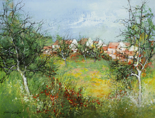 ジャン・ゴダン 【ヴェンデンの夏】 油彩5号【額付】1943年フランスのアンジェ生まれ。アンジェ高等美術学校卒。エメ市美術館等多数の美術館自治体が作品を収蔵している。フランス芸術家協会賞当多数の受賞歴を持つ現代フランス画壇を代表する画家だ。ヨーロッパ、アメリカ、中近東でもゴダンの格調の高い絵画は愛されている。ゴダンは日常のヴィジョンを越えた繊細で詩的な世界を作る。彼の幻想的な世界では、妖精が飛び交い、彼の詩情が発散する。ゴダンはキュビスト達の幾何学的で厳格な構図とは遥か遠い所にいて、自然と調和しながら彼のファンタジーを優美に描く。ヨーロッパ各地の画廊、アメリカの画廊でも扱われている。日本でも三越、大丸、伊勢丹等の有名百貨店で取り扱われている。