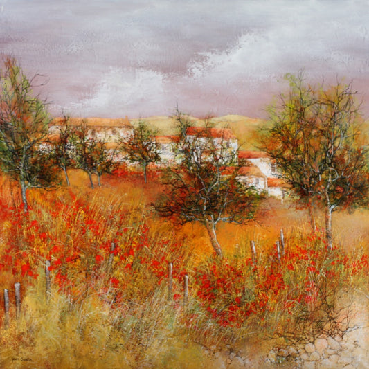 ジャン・ゴダン 【ヴェンデンのコクリコ畑】 油彩80x80㎝【額付】1943年 フランス、ロワール河畔のアンジェ生まれ。国立アンジェ高等美術学校卒。フランス芸術家協会賞等多数受章 エメ市美術館等が作品を収蔵している。ヨーロッパ各地の画廊アメリカの画廊でも定期的展示会開催。現代フランス画壇を代表する画家だ。20世紀の巨匠達が退場していく中でゴダンは輝きを増している。ヨーロッパ、アメリカ、中近東でもゴダンに格調の高い絵画は愛されている。ゴダンは日常のヴィジョンを越えた繊細で詩的な世界を作る。彼の幻想的な世界では、妖精が飛び交い、彼の詩情が発散する。ゴダンはキュビスト達の幾何学的で厳格な構図とは遥か遠い所にいて、自然と調和しながら彼のファンタジーを優美に描く。