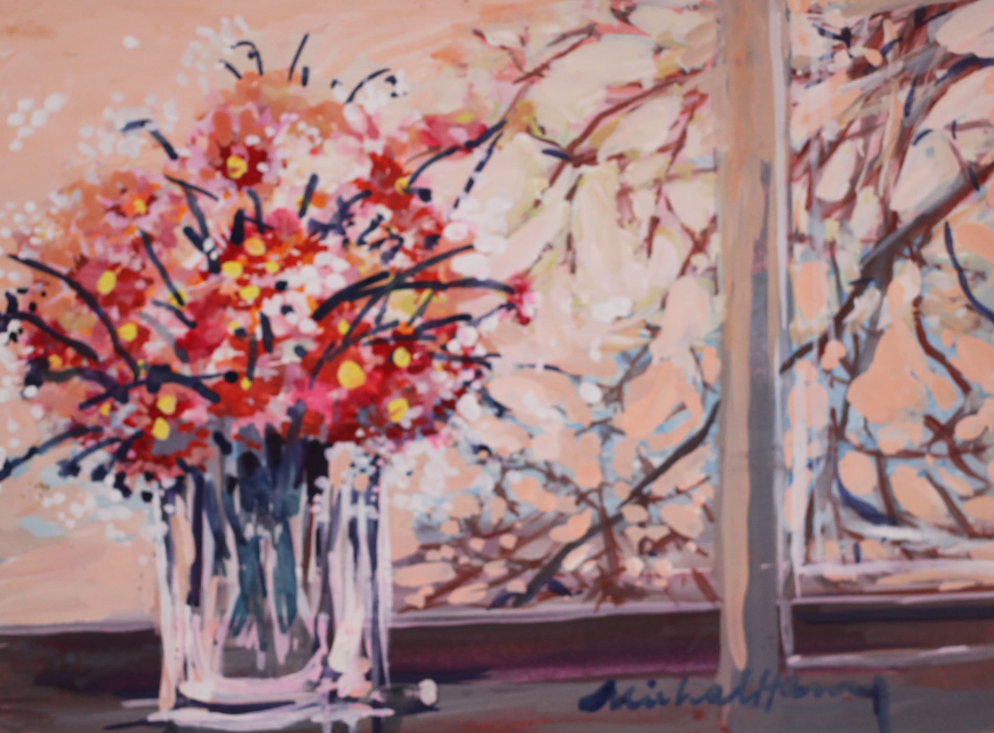 ミッシェル・アンリ 【窓辺のブーケ】グアッシュ=不透明水彩絵画【額付】