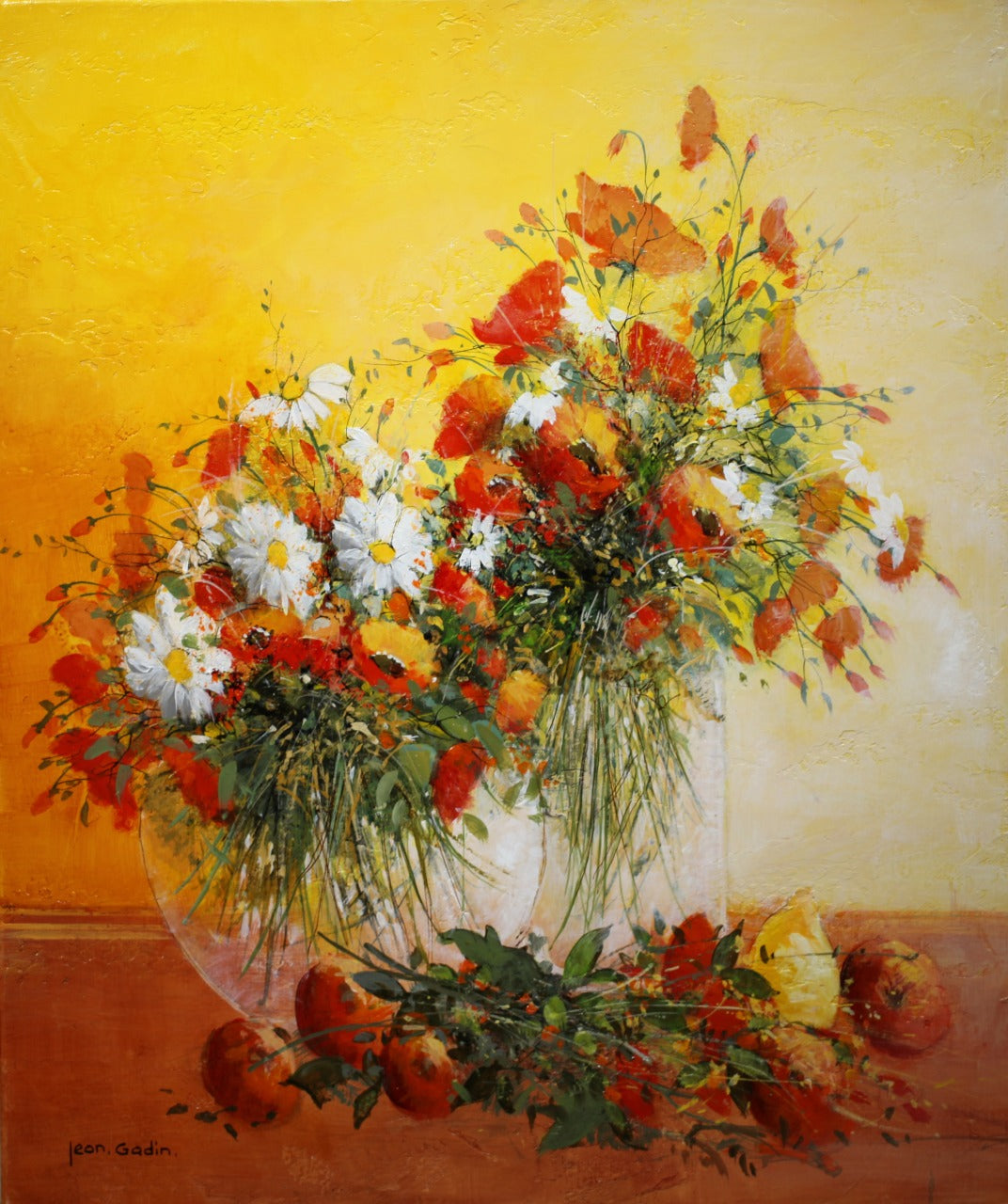 ジャン・ゴダン 【野の花】 油彩10号【額付】1943年フランスのアンジェ生まれ。アンジェ高等美術学校卒。エメ市美術館等多数の美術館自治体が作品を収蔵している。フランス芸術家協会賞当多数の受賞歴を持つ現代フランス画壇を代表する画家だ。ヨーロッパ、アメリカ、中近東でもゴダンの格調の高い絵画は愛されている。ゴダンは日常のヴィジョンを越えた繊細で詩的な世界を作る。彼の幻想的な世界では、妖精が飛び交い、彼の詩情が発散する。ゴダンはキュビスト達の幾何学的で厳格な構図とは遥か遠い所にいて、自然と調和しながら彼のファンタジーを優美に描く。ヨーロッパ各地の画廊、アメリカの画廊でも扱われている。日本でも三越、大丸、伊勢丹等の有名百貨店で取り扱われている。