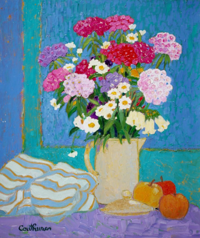 ダニエル・クチュール 【青を基調のブーケとフルーツ】油彩10号 2007年制作【額付】