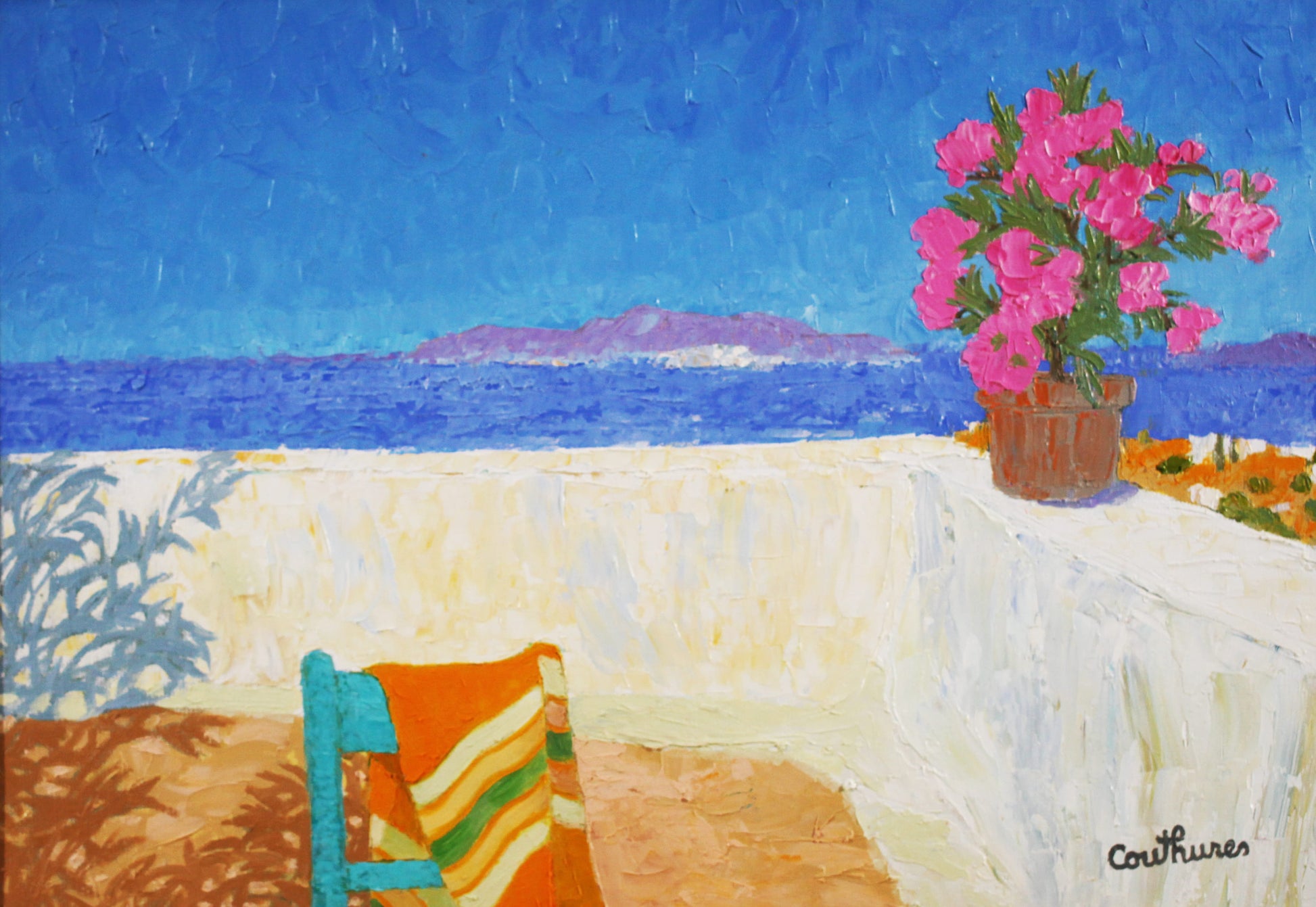 ダニエル・クチュール 「海辺のテラス」 油彩10号 2007年制作 「額付」