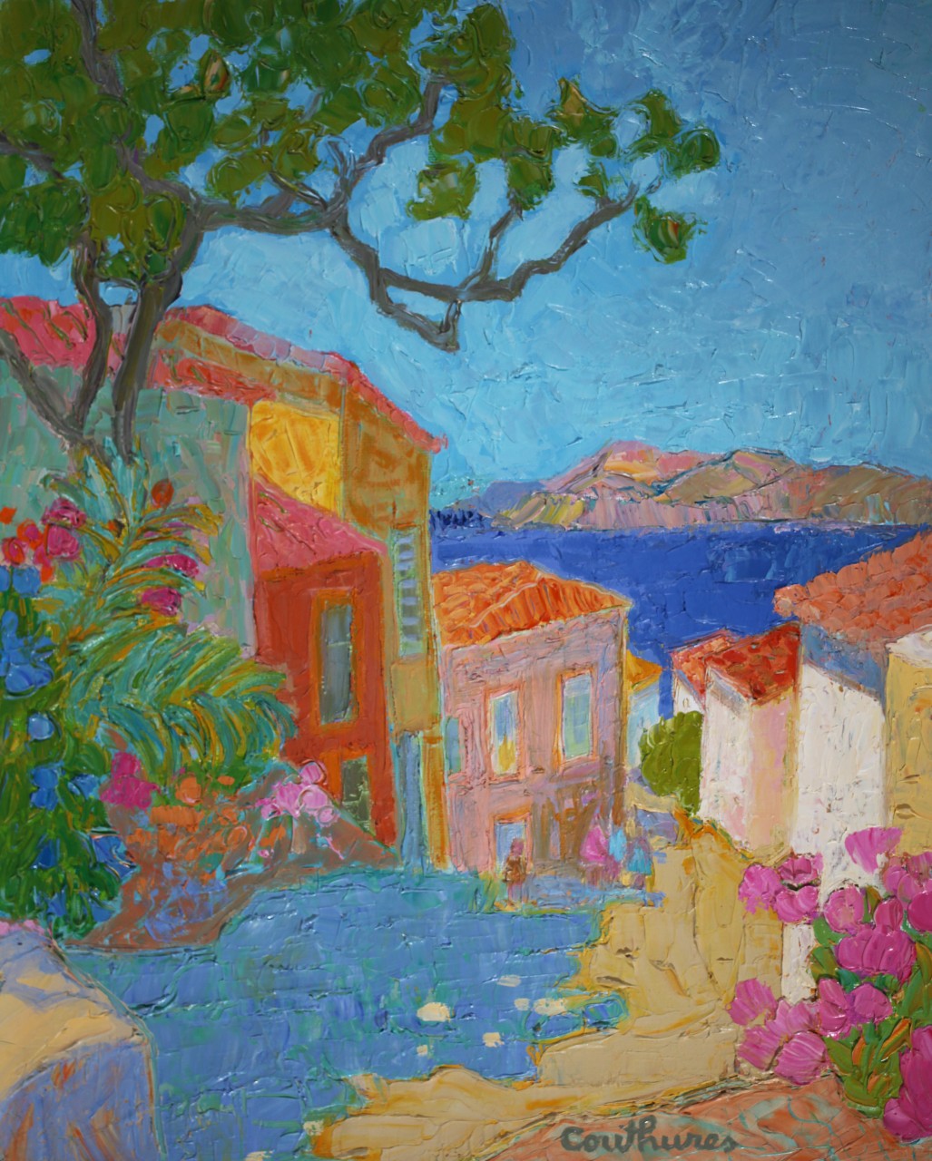 ダニエル・クチュール 「海辺のヴィラ」油彩6号 2007年制作 「額付」