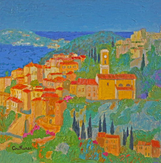 ダニエル・クチュール 【エズからの地中海の眺望】油彩50x50cm 2008年制作【額付】