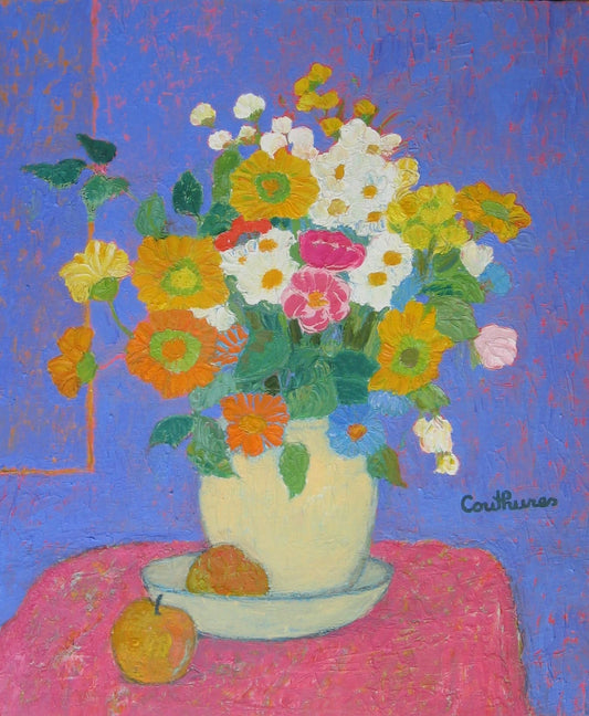 ダニエル・クチュール 【百日草とローズ色のテーブル】油彩8号 2008年制作【額付】