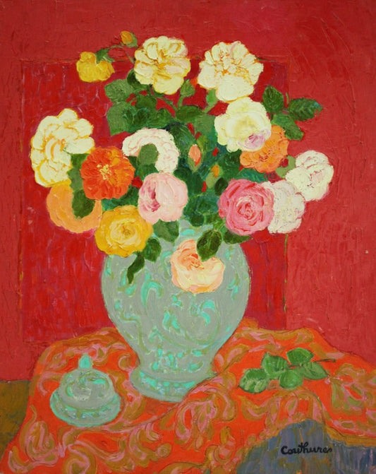 ダニエル・クチュール 【赤い背景のバラ】油彩10号 2008年制作【額付】