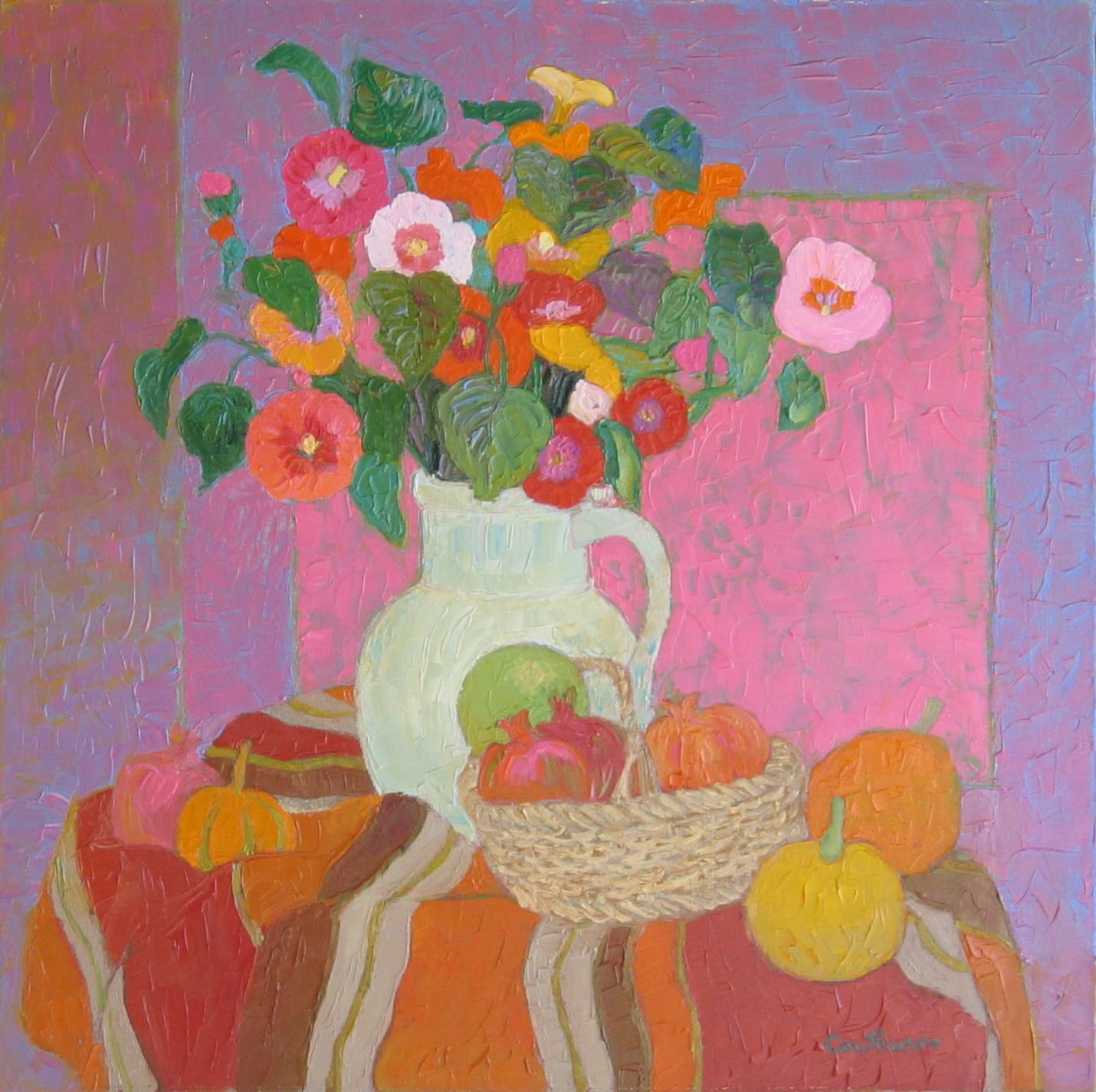 ダニエル・クチュール 【ローズ色の正方形を背景のブーケ】油彩60x60cm 2008年制作【額付】