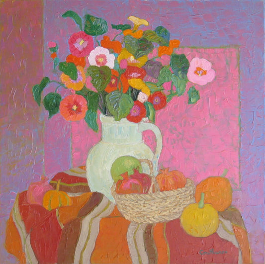 ダニエル・クチュール 【ローズ色の正方形を背景のブーケ】油彩60x60cm 2008年制作【額付】