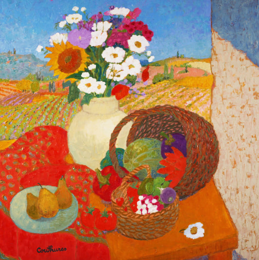 ダニエル・クチュール 【フルーツとブーケ】油彩70x70cm 2008年制作【額付】