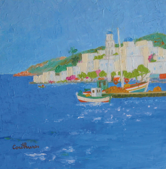 ダニエル・クチュール 【岬の小舟】油彩30x30cm 2009年制作【額付】