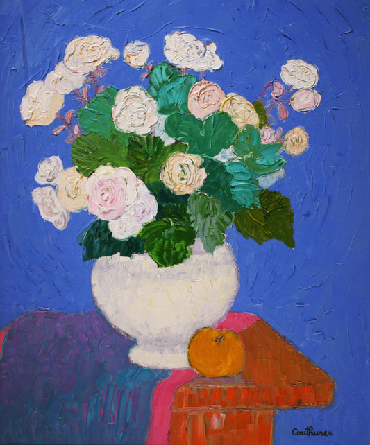 ダニエル・クチュール 【白いポットの白いバラ】 油彩12号 2003年制作【額付】