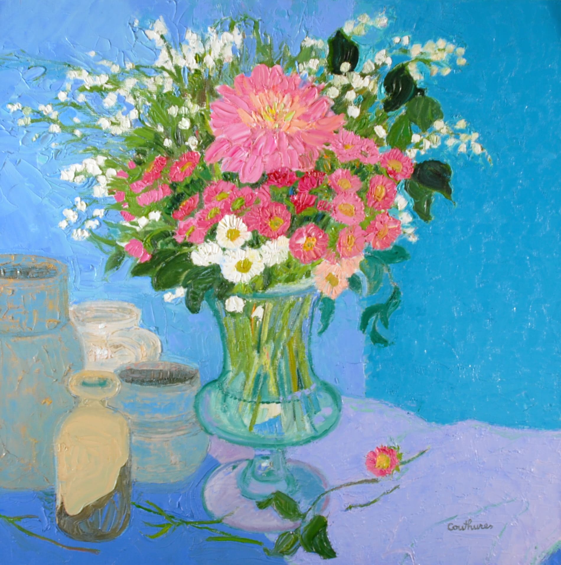 ダニエル・クチュール 【花瓶のブーケ】油彩60x60cm 2003年制作【額付】