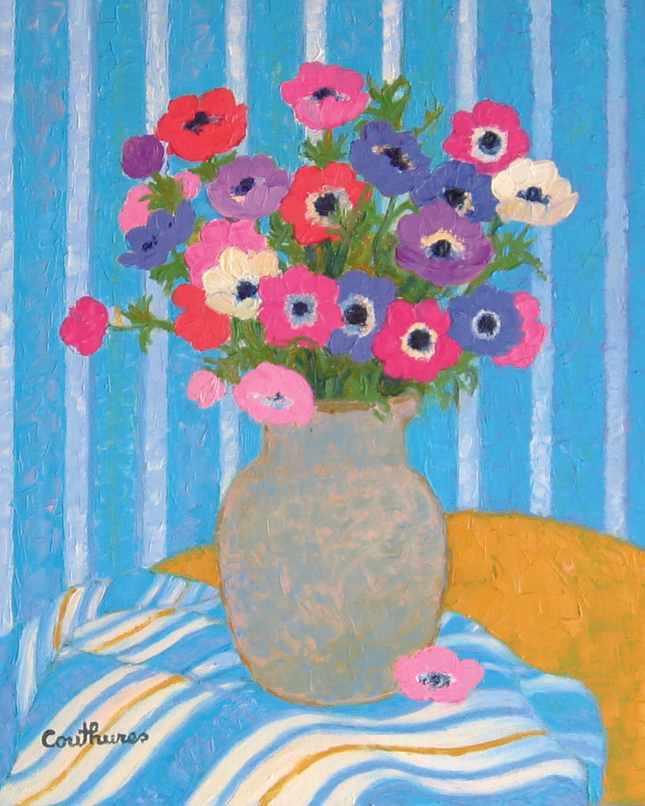 ダニエル・クチュール 「黄色いテーブルの上のアネモネ」 油彩6号  2010年制作 「額付」