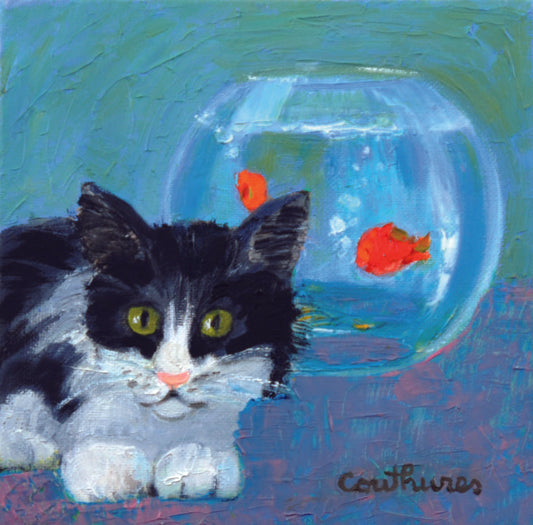 ダニエル・クチュール 「猫と金魚」 20x20cm 「額付」