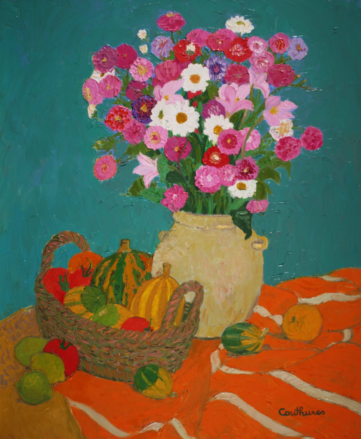 ダニエル・クチュール 「マーガレットとフリージア」 油彩15号 2004年制作 「額付」