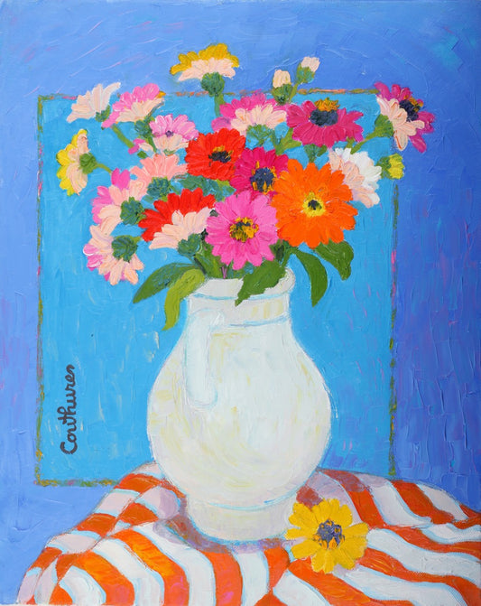 ダニエル・クチュール 【青を基調のブーケ】油彩6号 2011年制作【額付】