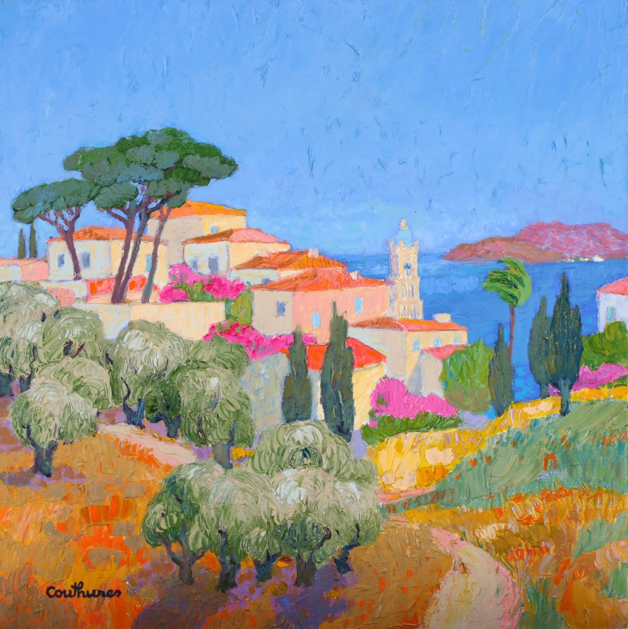 ダニエル・クチュール 【松と糸杉のある風景】油彩10号 2011年制作【額付】