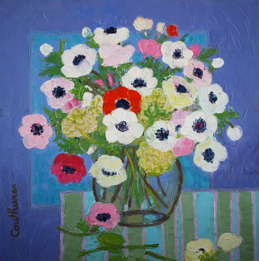 ダニエル・クチュール 「白いアネモネ」油彩30x30cm 2009年制作「額付」