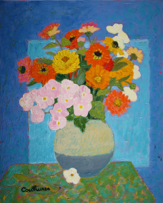 ダニエル・クチュール 【ブルーを基調のブーケ】油彩6号 2011年制作【額付】