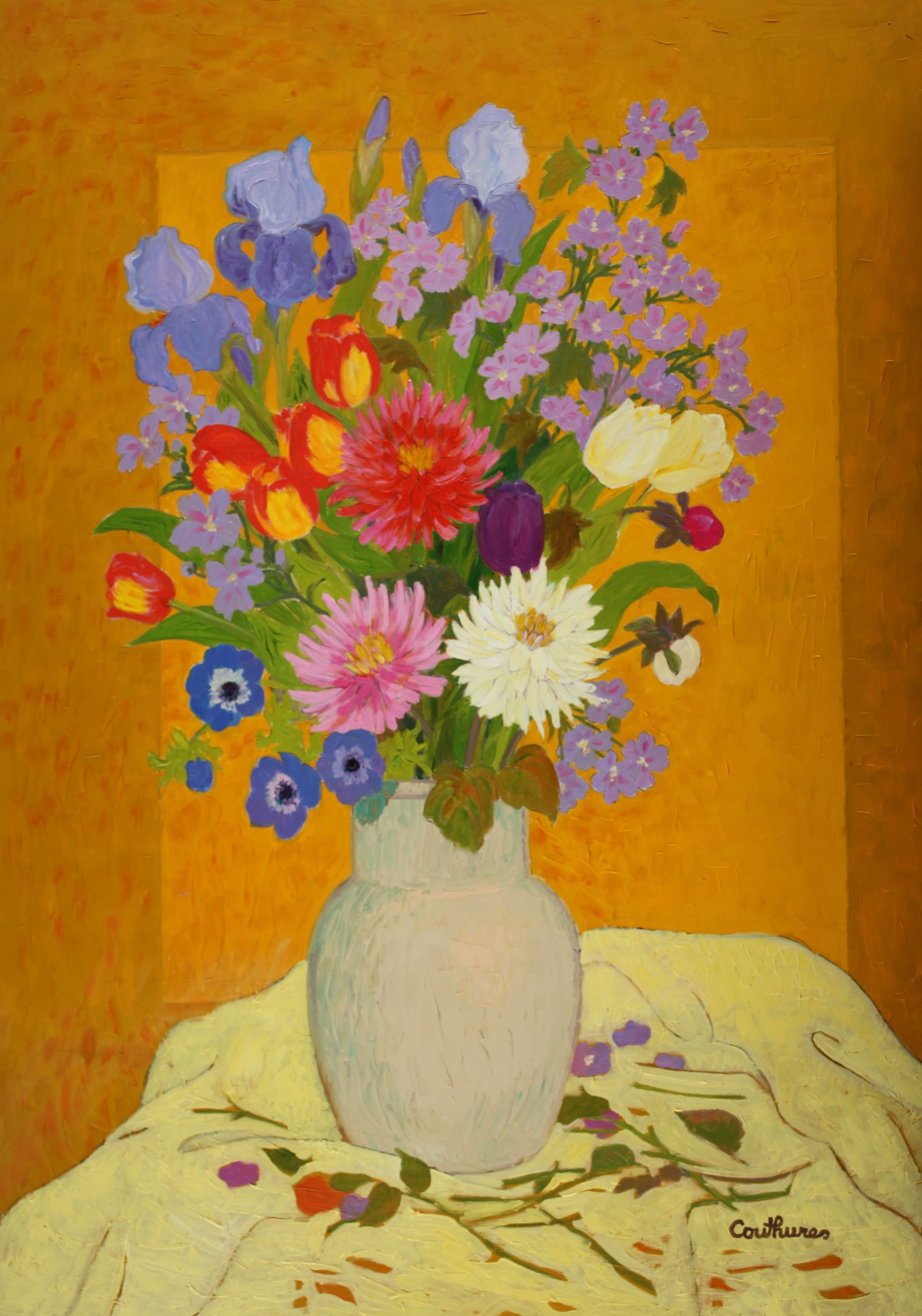 ダニエル・クチュール 【ダリアとアイリスとアネモネ」油彩30号 2011年制作【額付】。