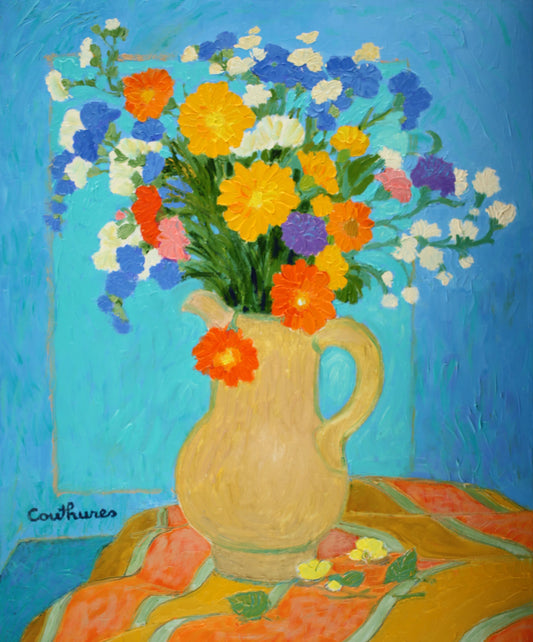 ダニエル・クチュール 【キンセンカのあるブーケ】油彩8号 2011年制作【額付】