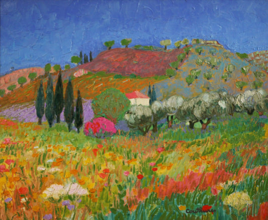 ダニエル・クチュール 「糸杉のある農家」油彩12号 2004年制作「額付」