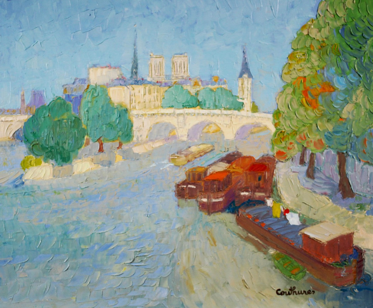 ダニエル・クチュール 【春のセーヌ川】油彩10号 2005年制作【額付】