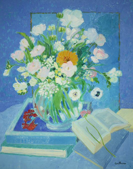 ダニエル・クチュール 【青を基調のブーケと本】油彩25号 2006年制作【額付】