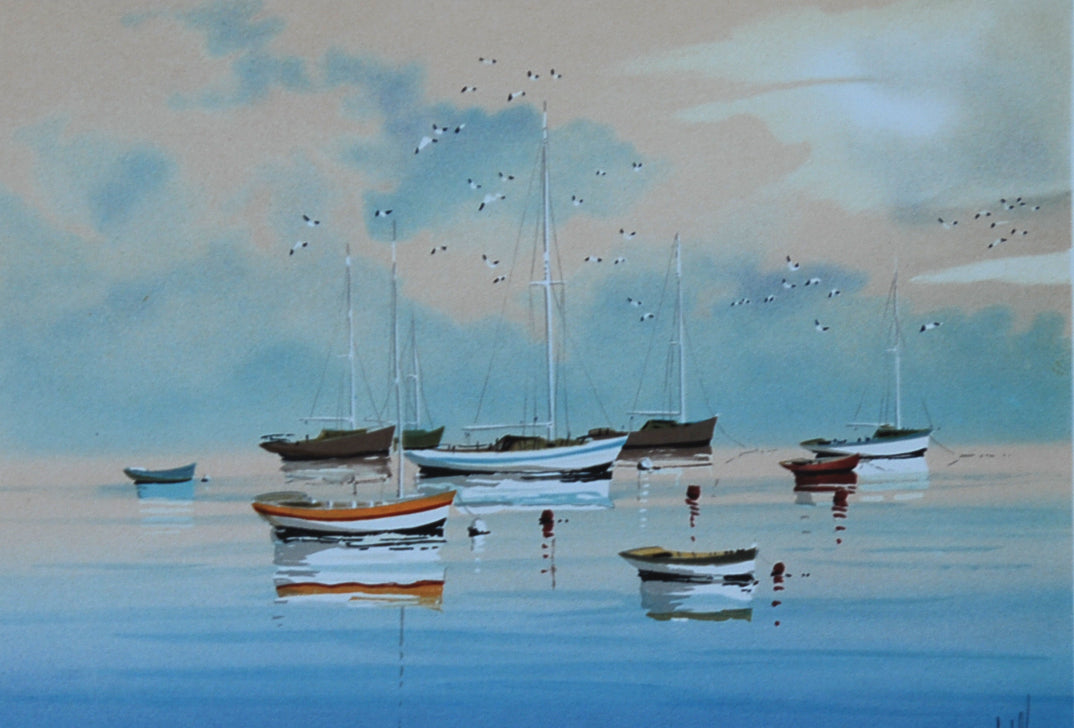 Stephane Rollo <海鸥与帆船> 原版石版画 图像尺寸 20x30cm 画框尺寸 36x46cm