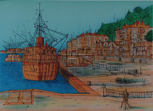 ジャン・カルズー 【寄港】オリジナルリトグラフ版画 作家自筆サイン入り【額付】イメージサイズ29x43cm