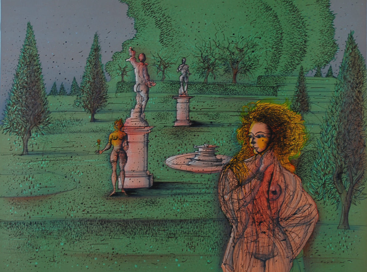 ジャン・カルズー 【公園の肖像】オリジナルリトグラフ版画 作家自筆サイン入り【額付】イメージサイズ29x43cm