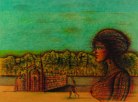 ジャン・カルズー 【湖畔の要塞】オリジナルリトグラフ版画 作家自筆サイン入り【額付】イメージサイズ29x43cm