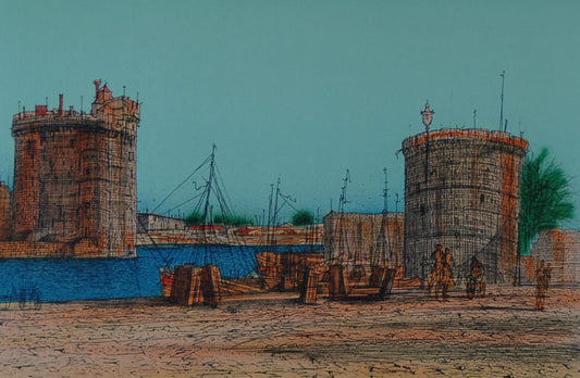 ジャン・カルズー 【中世の港】オリジナルリトグラフ版画 作家自筆サイン入り【額付】イメージサイズ29x43cm